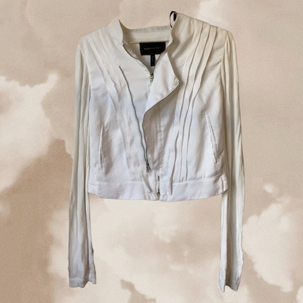 BCBGMAXAZRIA | White Ruffle Double Zip Up Jacket